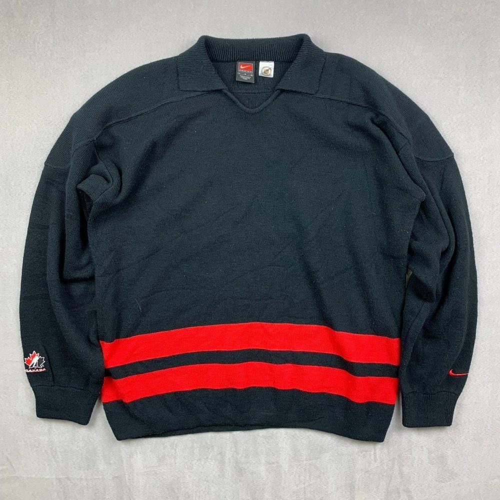 Vintage Nike NHL Men Sweater Large Black Collared Long Sleeve Team Canada Hockey